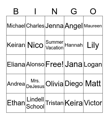 Mrs. DeJesus's Bingo Class Party  Bingo Card