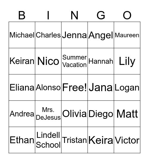 Mrs. DeJesus's Bingo Class Party  Bingo Card