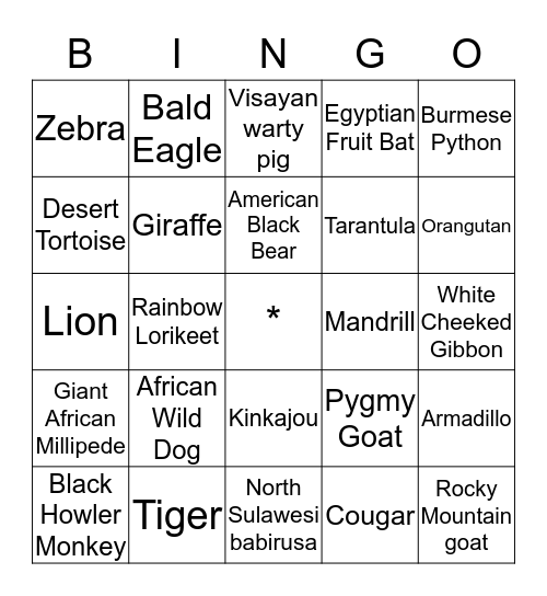 Zoo Bingo Card