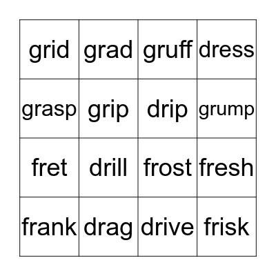 R Blends:  dr, fr, gr Bingo Card