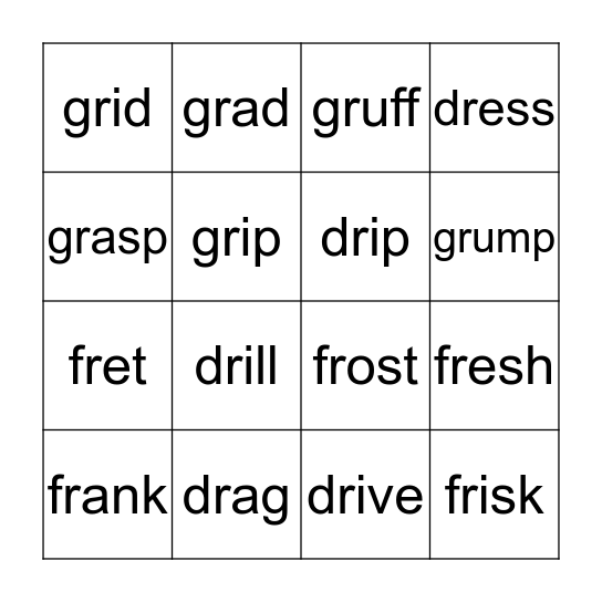 R Blends:  dr, fr, gr Bingo Card