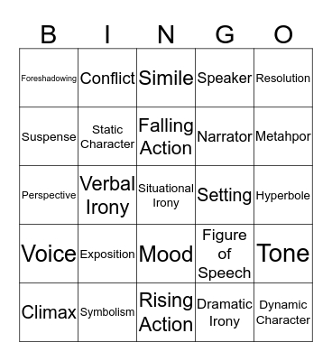 Lit Term Review Bingo Card
