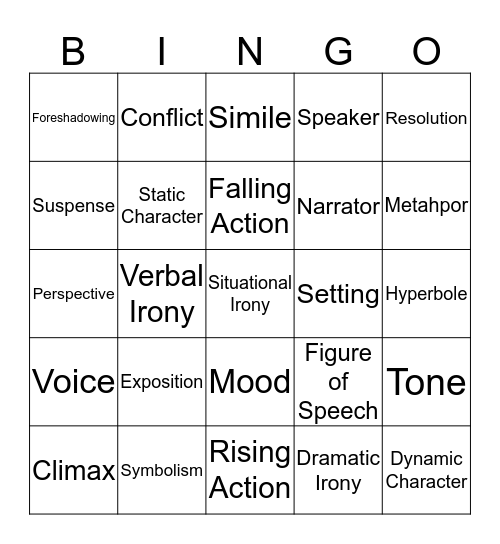 Lit Term Review Bingo Card