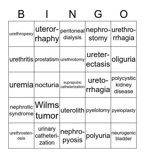 Urinary System Chapter 9 Part 2 Bingo Card