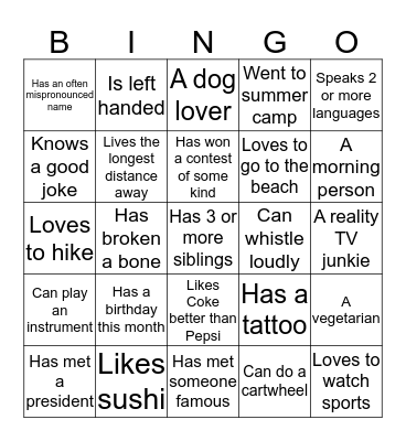 Get to Know You BINGO Card
