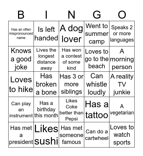 Get to Know You BINGO Card