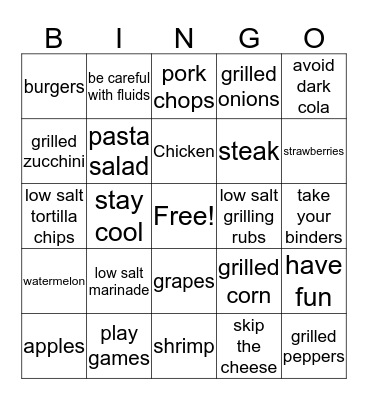 Healthy BBQ food BINGO Card