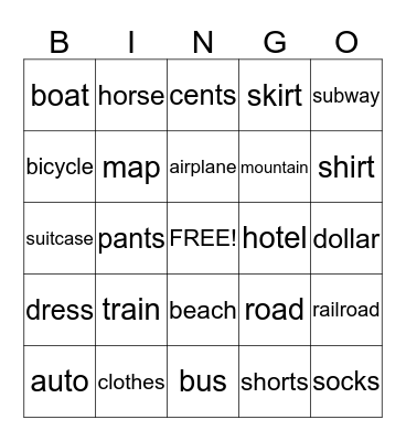 Transportation Bingo Card