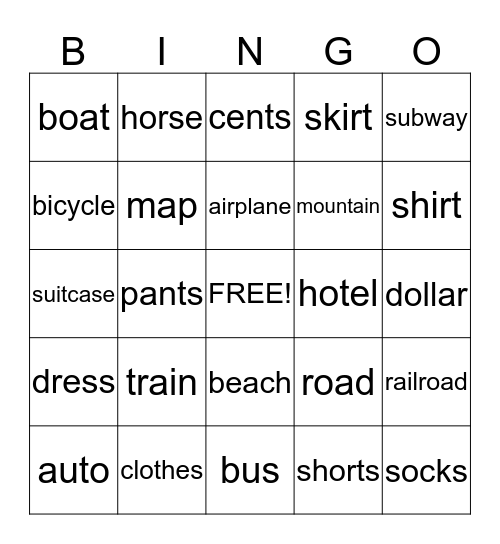 Transportation Bingo Card