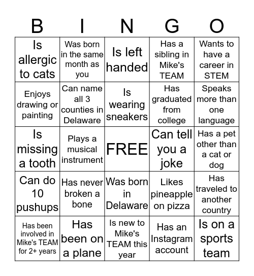 Mike's TEAM Bingo! Bingo Card