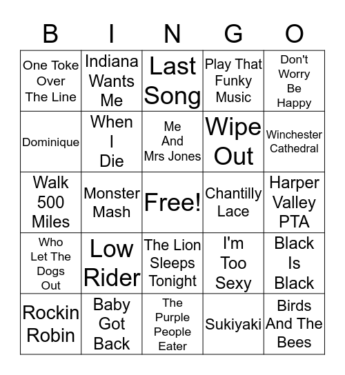 Bingo One Hit Wonders Bingo Card