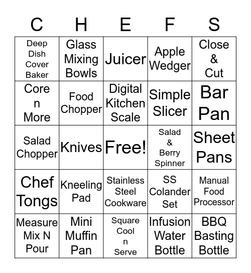 Chefs Bingo Card