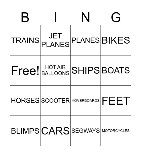 Transportation-Then and Now Bingo Card