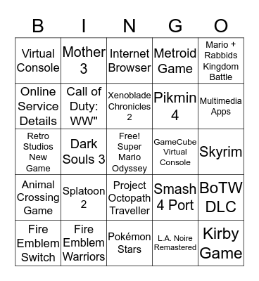 Nintendo Spotlight Bingo Card