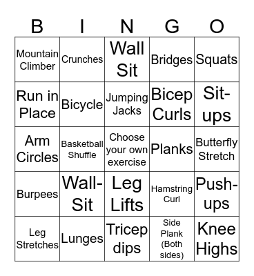 Fitness Bingo Card