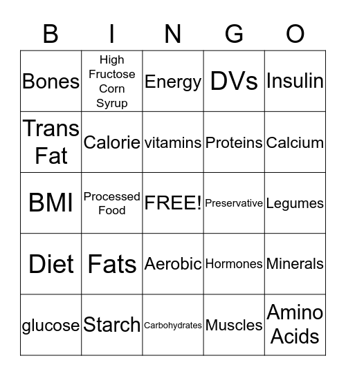 Healthy Bingo! Bingo Card
