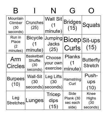 Fitness Bingo Card