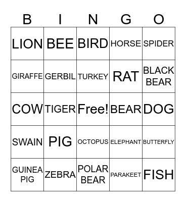 ANIMAL Bingo Card