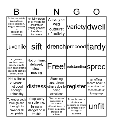 Level Orange Unit 10 Vocabulary Bingo Card