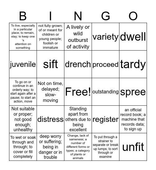 Level Orange Unit 10 Vocabulary Bingo Card