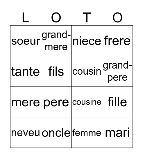 la famille Bingo Card