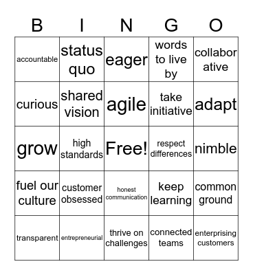 VALUES Bingo Card