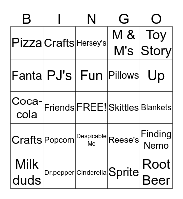 Sleepover Bingo Card