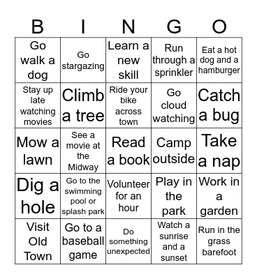 Summer Fun Bingo Card