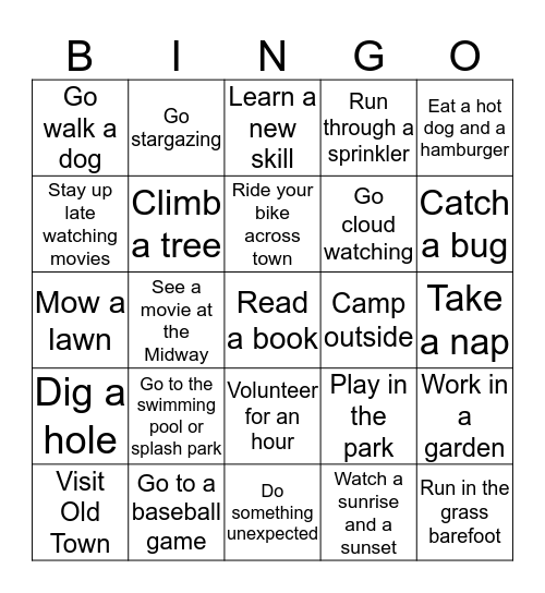 Summer Fun Bingo Card