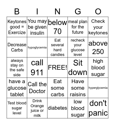 What to do Glycemia Bingo Card