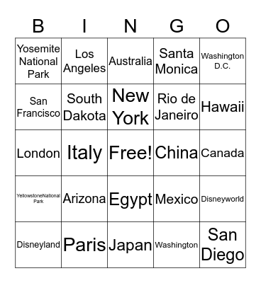 Vacations Bingo Card
