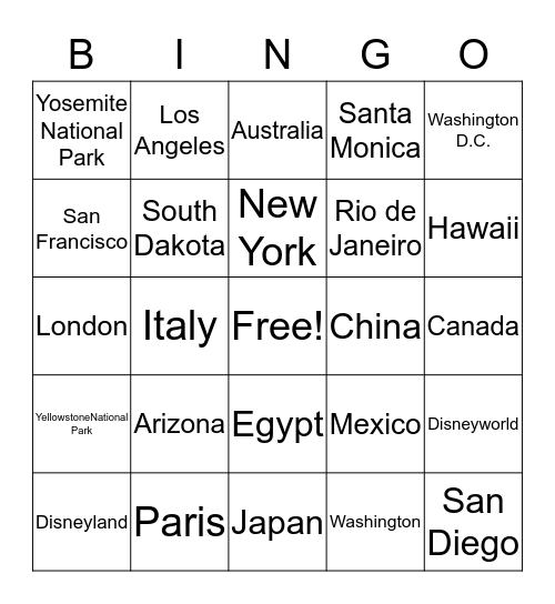 Vacations Bingo Card