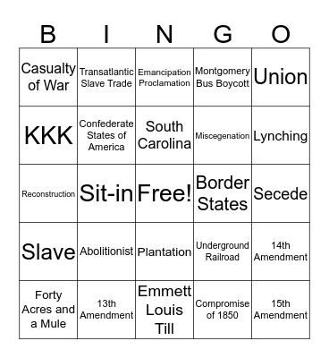 Civil War Bingo Card