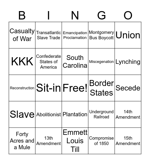 Civil War Bingo Card