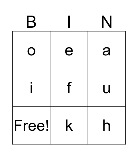 Samoan Alphabet Bingo Card