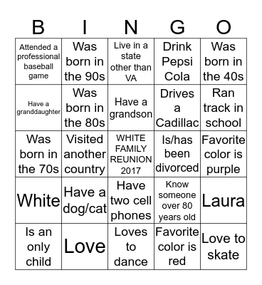 White Family Reunion 2017 Bingo Card