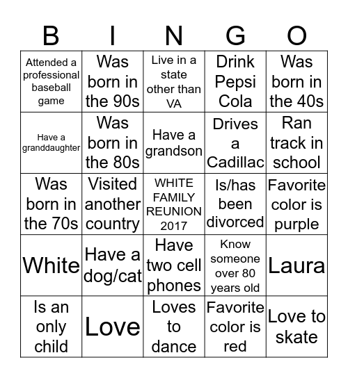 White Family Reunion 2017 Bingo Card