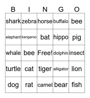 Animals Bingo Card