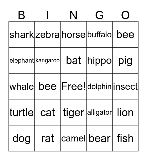 Animals Bingo Card