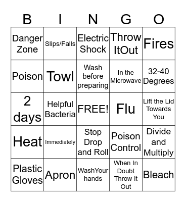 Kitchen and Food Safety Bingo Card