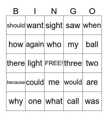 Sight Word and Word Family Bingo Card