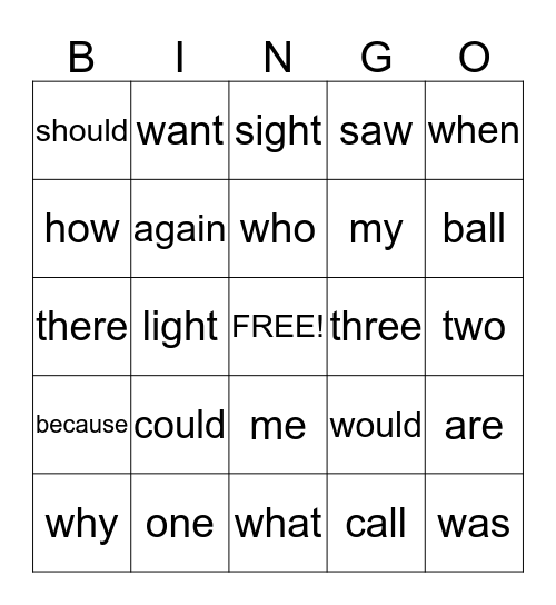 Sight Word and Word Family Bingo Card