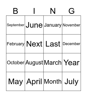 12 Months In a Year Bingo Card