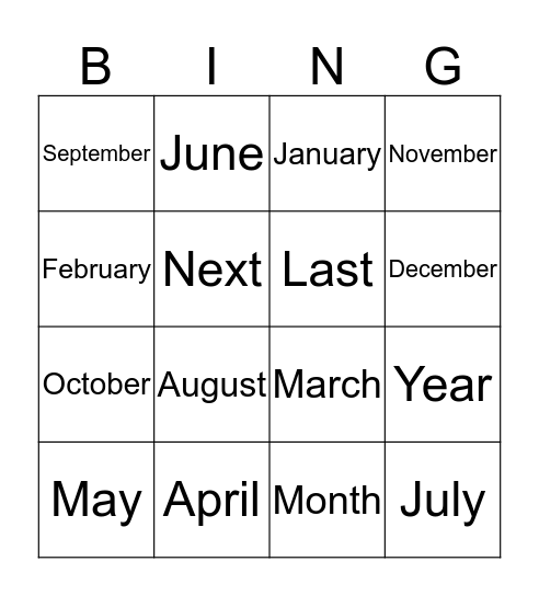 12 Months In a Year Bingo Card