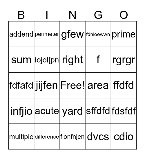 Math Bingo Card