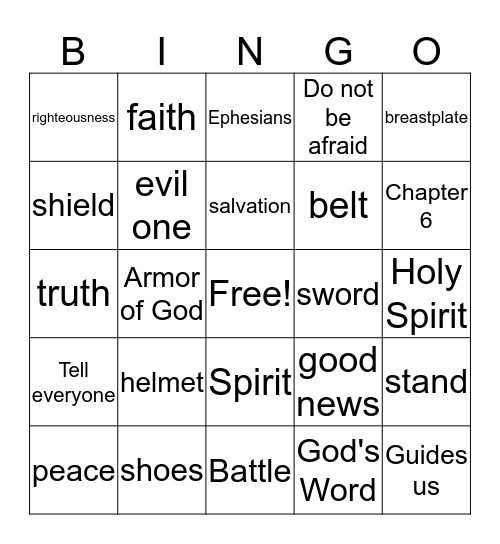 Put on the Armor of God Bingo Card