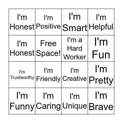 Self-Esteem Bingo  Bingo Card