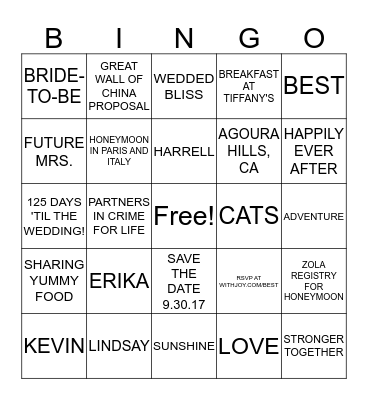 Erika's Bridal Shower Bingo Card