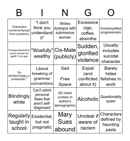 Are you an overrated 20th ct. author? Bingo Card