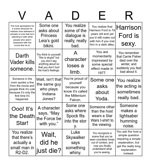 Star Wars: A New Hope Viewing Bingo Card